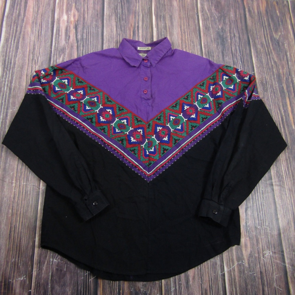 Side Saddle Western Shirt Mens Medium Purple Black Aztec Vintage 1993 Cotton